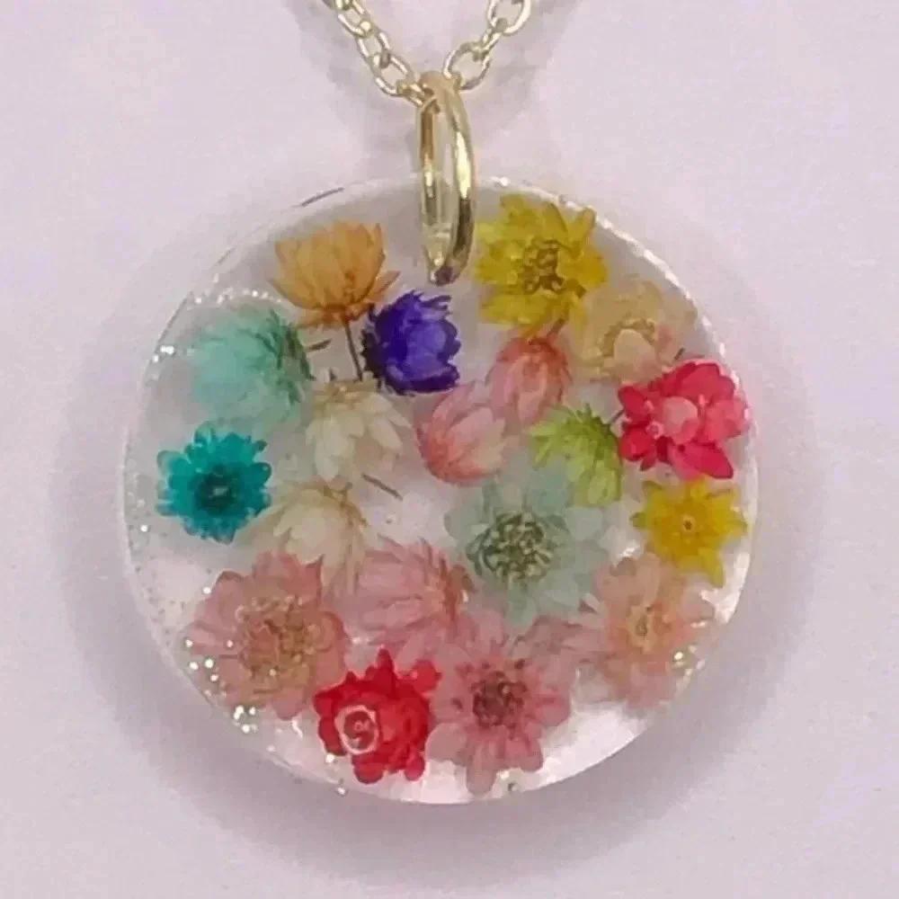 Handmade Real Colorful Dried Flowers Floral Circle Prairie Gold Necklace New